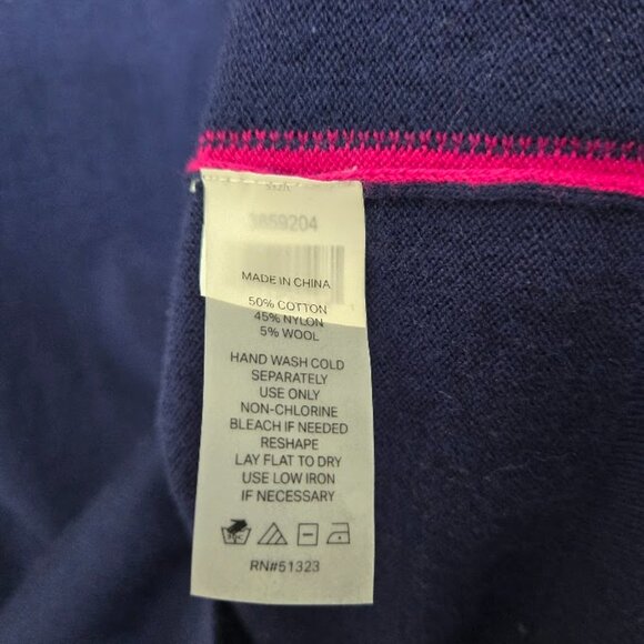 COURT & ROWE Navy Pink Trim Sweater Gold Button Cuffs crew neck Size Large NWT - Picture 8 of 9